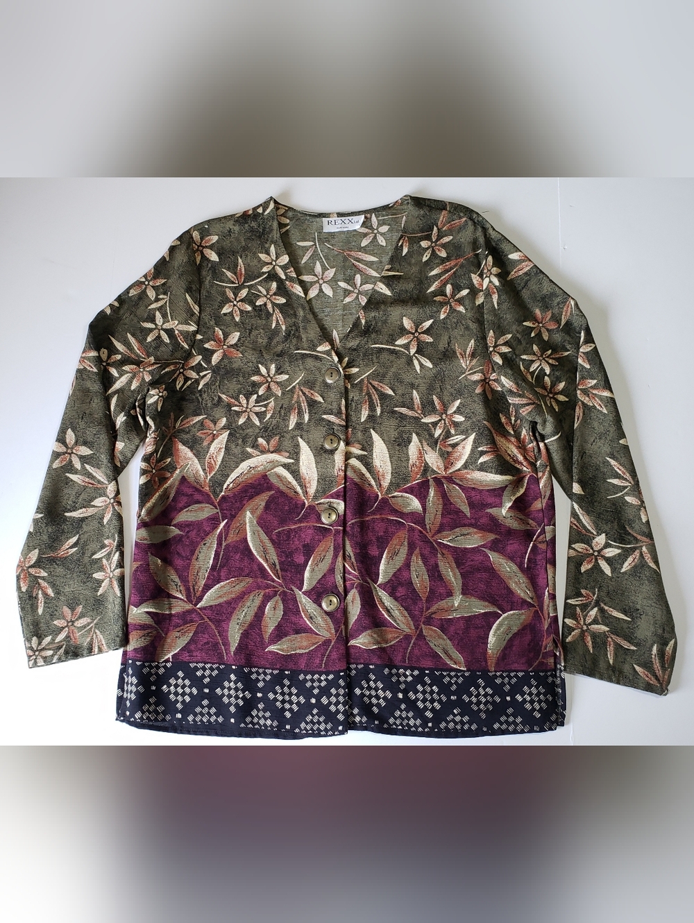 REXX Ltd. New York Leaf Design Scoop Neck Top in Olive and Cream Women's Size L